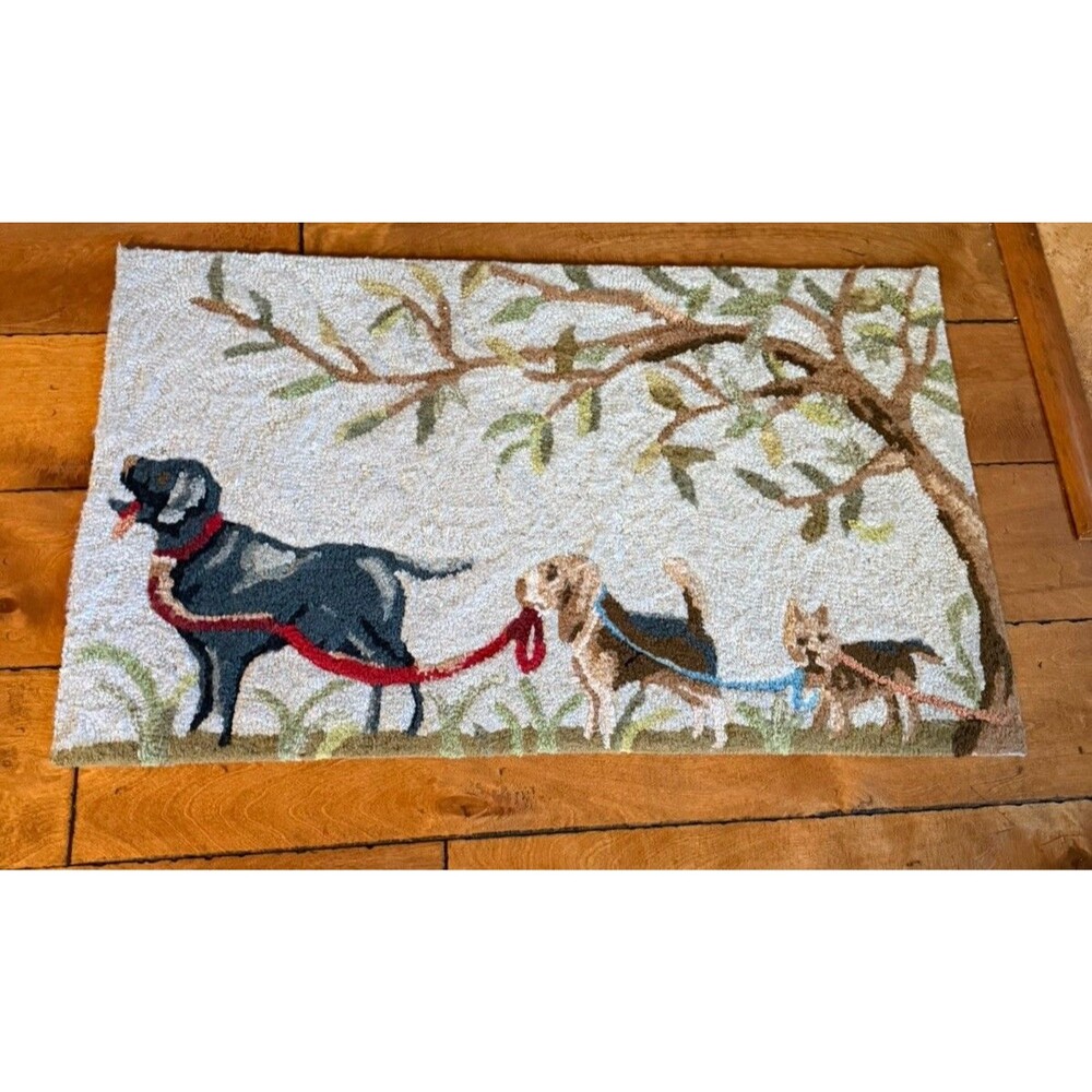 33” x 20”  3 Dogs Leash hooked wool rug Chandler 4 Corners ?Or Liore Manne ?